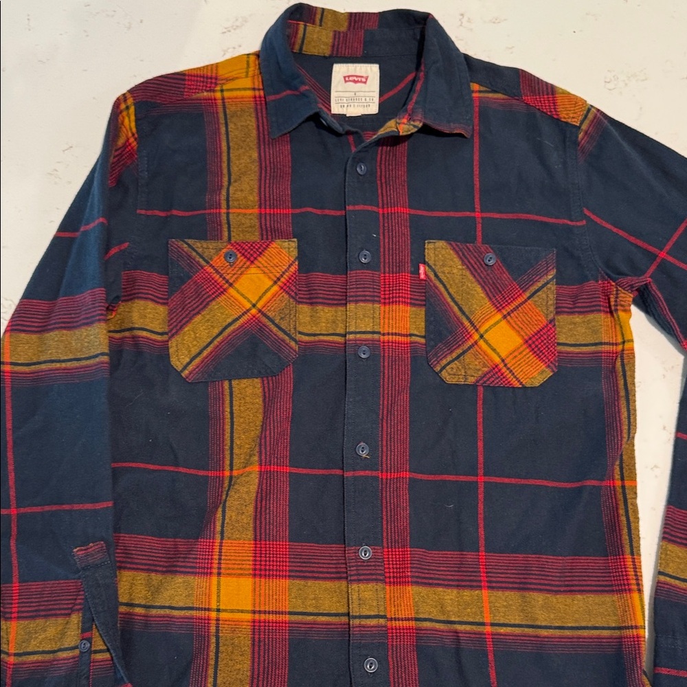 Levi's Men's Navy Plaid Shirt - Red and Yellow 90s